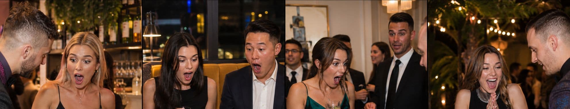 Guests reacting with amazement to Chris Dare's close-up magic at private events
