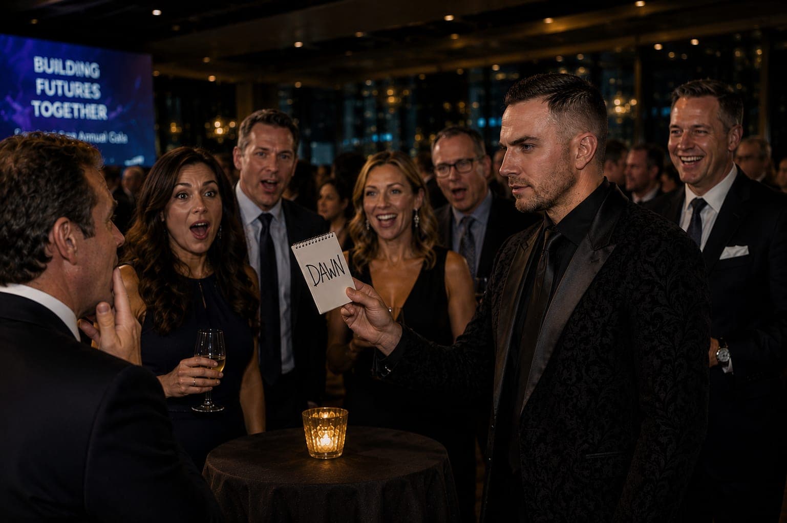 Guests reacting in astonishment as Chris Dare reveals a chosen name during close-up magic at a corporate gala