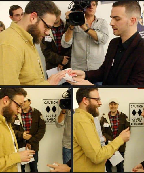 Collage of Chris Dare performing card magic for actor Seth Rogen